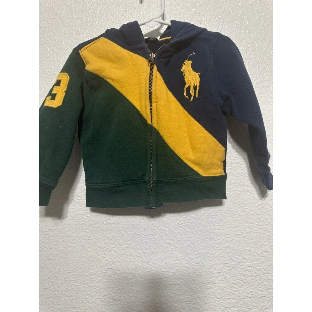 Kids Polo Ralph Lauren Hoodie Zip Up Size 2T Navy Yellow Green Pony Logo - Picture 1 of 5